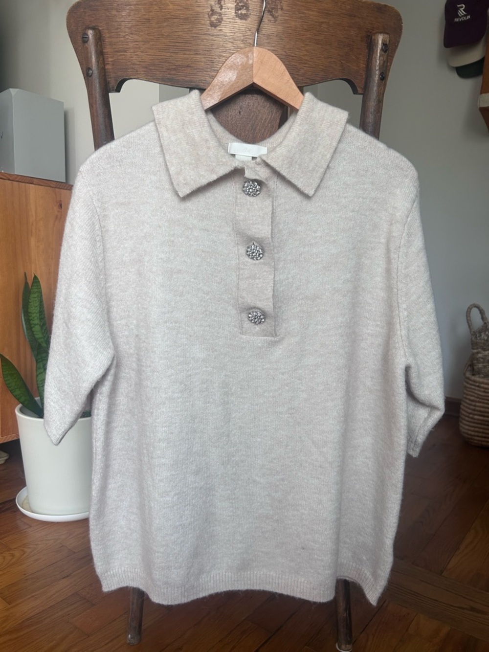 H&M Cream Knit Polo Sweater with Decorative Buttons